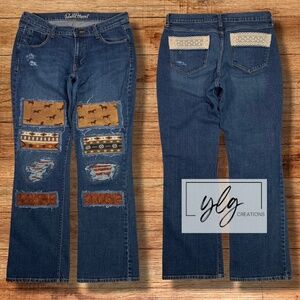 Old Navy Jeans Horse Western Patched Boho Distressed Denim Flare Cowgirl Size 12